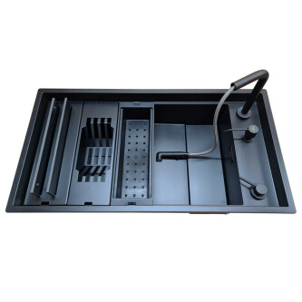 Set chiuveta bucatarie compozit ceramic Invisible Dialogo 360 Workstation Black Matt Neagra cu ventil scurgere negru, capac zona scurgere negru si accesorii montaj