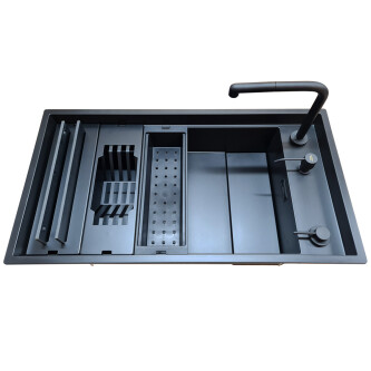 Set chiuveta bucatarie compozit ceramic Invisible Dialogo 360 Workstation Black Matt Neagra cu ventil scurgere negru, capac zona scurgere negru si accesorii montaj