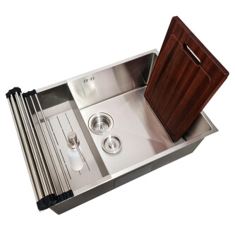 Chiuveta bucatarie inox CookingAid Hera Standard cu dozator detergent, scurgator tavita vase/paste/fructe, gratar rulabil inox si tocator lemn Sapele + accesorii montaj