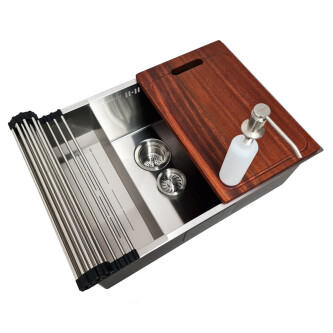 Chiuveta bucatarie inox CookingAid Hera Standard cu dozator detergent, scurgator tavita vase/paste/fructe, gratar rulabil inox si tocator lemn Sapele + accesorii montaj