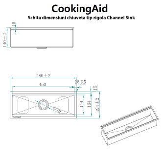 Chiuveta ingusta scurgere multifunctionala tip rigola / canal / jgheab drenare CookingAid Channel sink 63cm cu 3 accesorii incluse