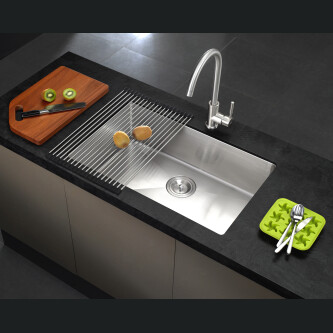 Chiuveta bucatarie inox CookingAid HERA LARGE cu dozator detergent, scurgator vase/paste/fructe, gratar rulabil inox, tocator Sapele + accesorii montaj