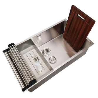 Chiuveta bucatarie inox CookingAid HERA LARGE cu dozator detergent, scurgator vase/paste/fructe, gratar rulabil inox, tocator Sapele + accesorii montaj