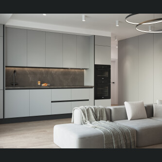 Mobilier de bucatarie Aran Cucine, colectia MIA, culoare ASH grey, Inaltime totala 2468 mm, Lungime totala 3846 mm