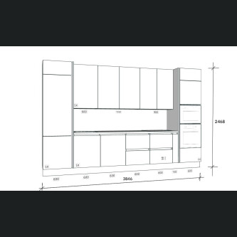 Mobilier de bucatarie Aran Cucine, colectia MIA, culoare ASH grey, Inaltime totala 2468 mm, Lungime totala 3846 mm