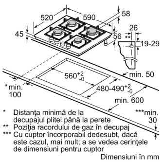 Plita gaz Bosch PPP6A6B90, 60 cm Quartz, Negru