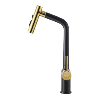  Baterie bucatarie Higold Piniz cu cap extractibil, 2 tipuri de jet, cartus ceramic, negru si gold