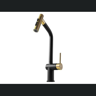 Baterie bucatarie Higold Piniz cu cap extractibil, 2 tipuri de jet, cartus ceramic, negru si gold