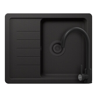 Set chiuveta bucatarie Schock Pinedo D-100XS 620 x 500 mm Cristalite Nero cu parti vizibile negru si baterie bucatarie Schock Prima negru