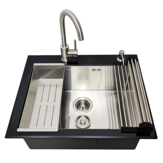 Chiuveta bucatarie inox CookingAid TEMPERED GLASS BLACK cu scurgator vase/paste/fructe, gratar rulabil inox, dozator detergent + accesorii montaj
