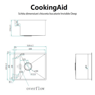 Chiuveta bucatarie inox CookingAid INVISIBLE DEEP cu scurgator vase/paste/fructe, dozator detergent + accesorii montaj.