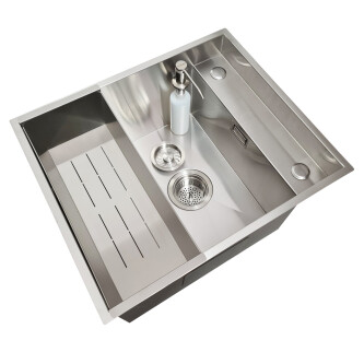 Chiuveta bucatarie inox CookingAid INVISIBLE DEEP cu scurgator vase/paste/fructe, dozator detergent + accesorii montaj.