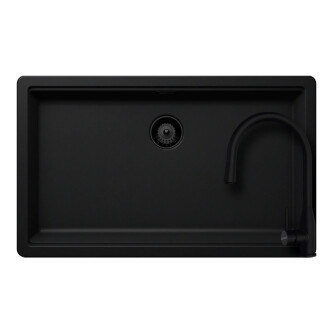 Set chiuveta bucatarie Schock Greenwich N-100XL 750 x 456 mm Cristadur Puro, negru intens cu parti vizibile si baterie bucatarie Schock Kavus cu cap extractibil Puro