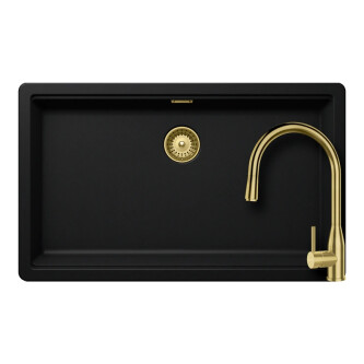 Set chiuveta bucatarie Schock Greenwich N-100XL 750 x 456 mm Cristadur Puro, negru intens cu baterie bucatarie Schock Kavus cu cap extractibil si parti vizibile White Gold