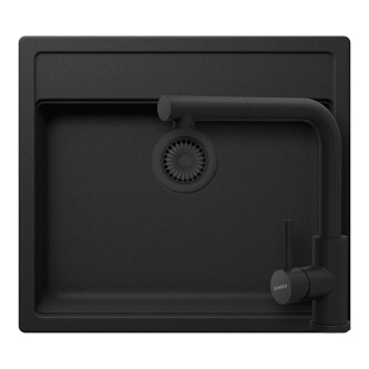 Set chiuveta bucatarie Schock Nemo N-100 570 x 510 mm Cristalite Nero cu parti vizibile negru si baterie bucatarie Schock Kantus cu cap extractibil, negru