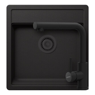 Set chiuveta bucatarie Schock Nemo N-100S 490 x 510 mm Cristalite Nero cu parti vizibile negru si baterie bucatarie Schock Kantus cu cap extractibil, negru