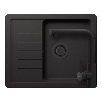 Set chiuveta bucatarie Schock Pinedo D-100XS 620 x 500 mm Cristalite Nero cu parti vizibile negru si baterie bucatarie Schock Kantus cu cap extractibil, negru