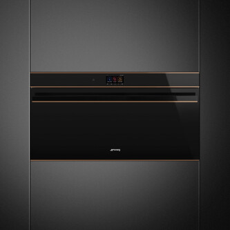 Cuptor cu termo-ventilare si piroliza SMEG Dolce Stil Novo, SFPR9604TNR, negru lucios cu detalii din cupru, inaltime redusa, 90 cm, capacitate 85 l, clasa A+