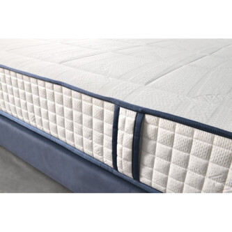 Pat boxspring Vadret, tapitarie patrate mari, inaltime capat pat 140 cm, saltea inclusa, topper inclus