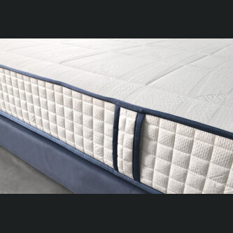 Pat boxspring Vadret, tapitarie patrate mari, inaltime capat pat 140 cm, saltea inclusa, topper inclus